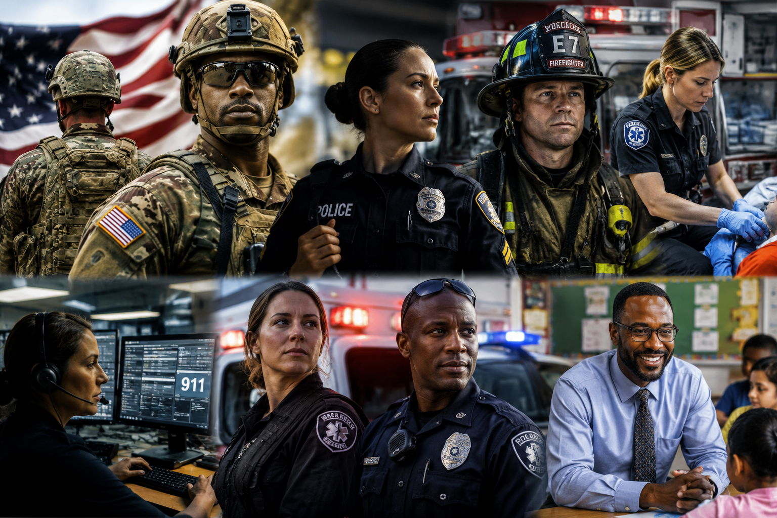 Military service members, police officers, firefighters, paramedics, and dispatchers on duty
