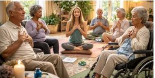 A wellness facilitator guiding a group of seated older adults through a gentle meditation in a sunlit room