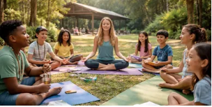 A teacher leading a circle of children in an outdoor mindfulness and yoga session on colorful mats